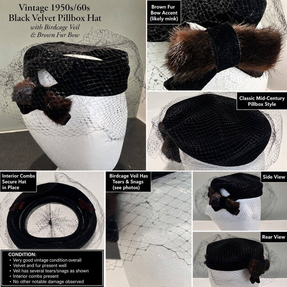 Vintage 1950s Black Velvet Pillbox Hat Birdcage Veil Brown Fur Bow Fascinator